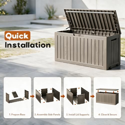 92 gal deck box,waterproof resin outdoor storage gas on a desk or shelf