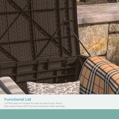 suncast 99 gal wicker resin deck box, storage on a desk or shelf