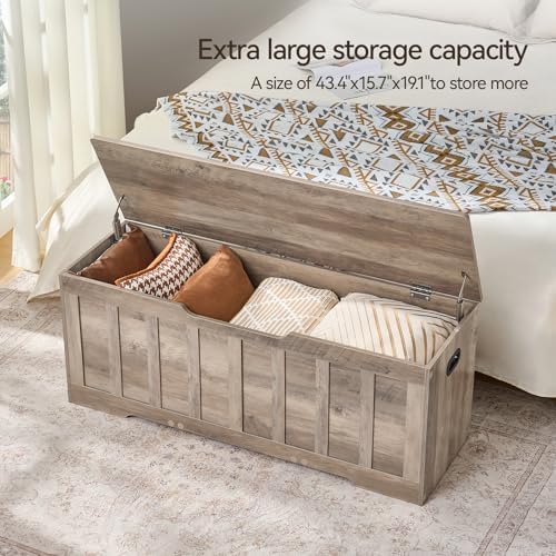 vankiley 47.2" storage chest extra large,wooden storage bench(greige). showing dimensions