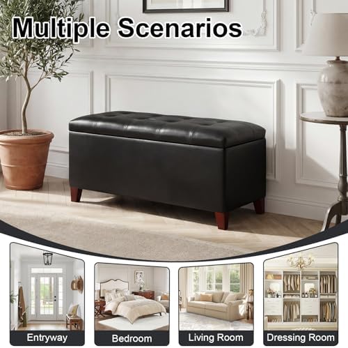 asense storage ottoman bench, 33" faux leather upholstered, side view