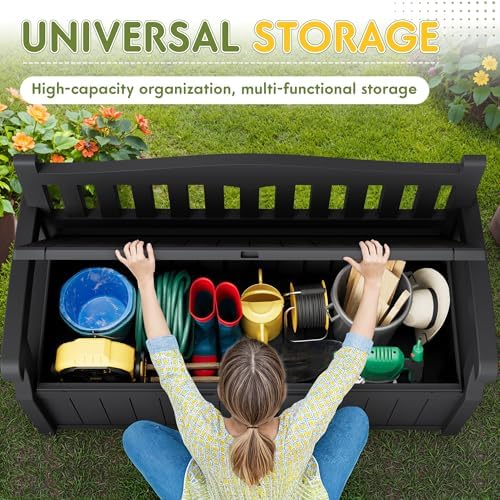 greesum 80 gallon outdoor storage bench deck box,black showing dimensions