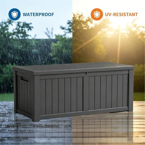 makino 152 gallon resin outdoor storage box, waterproof, side view