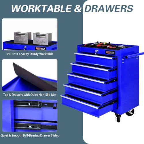 5 drawers rolling tool chest on wheels, multifunctional, side view