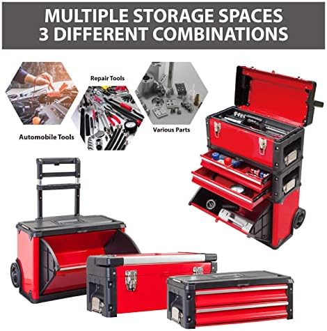 big red stackable portable metal tool box organizer, front angle view