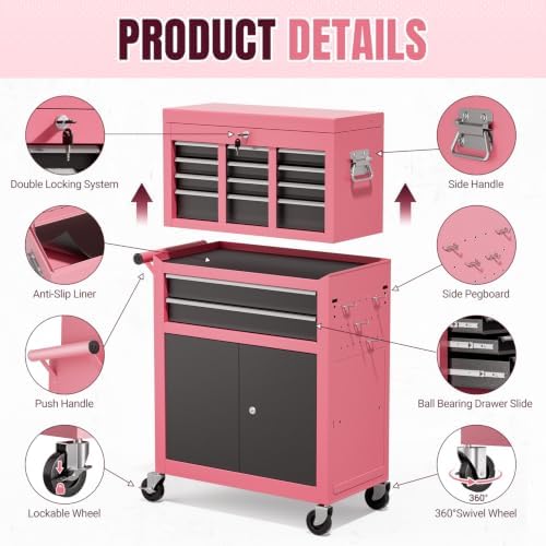 10-drawer rolling tool chest with wheels, lockable 2-in-1 showing dimensions