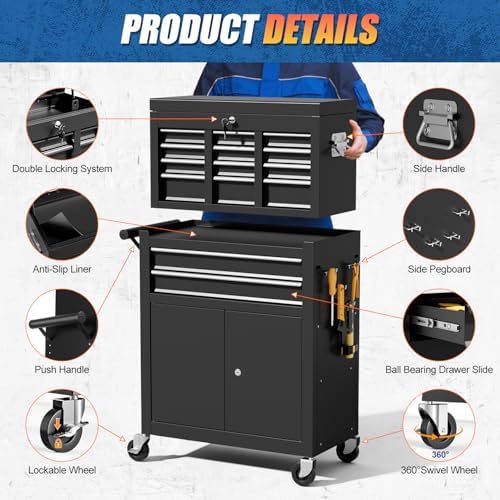 10-drawer rolling tool chest with wheels, lockable 2-in-1 on a desk or shelf