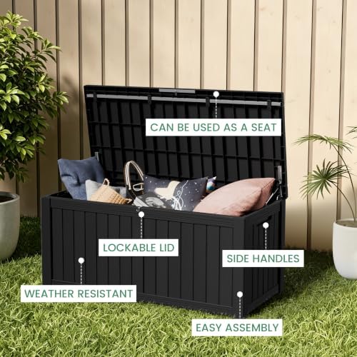120 gallon outdoor storage box waterproof lockable resin on a desk or shelf