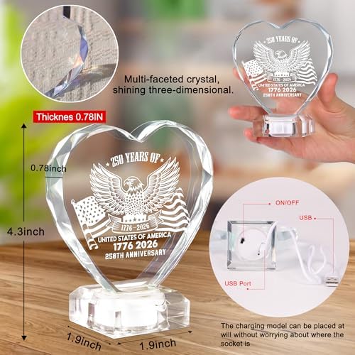 250th Anniversary 1776-2026 Heart Crystal LED Lamp, Engraved Crystal Night Light with Auto Color Changing, USB Powered Desk Decor Lamp for Men Women Veterans History Lovers