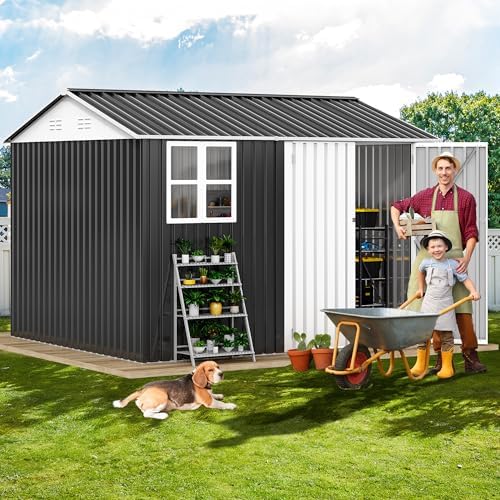 dwvo 10x8ft metal outdoor storage shed with window shown in use