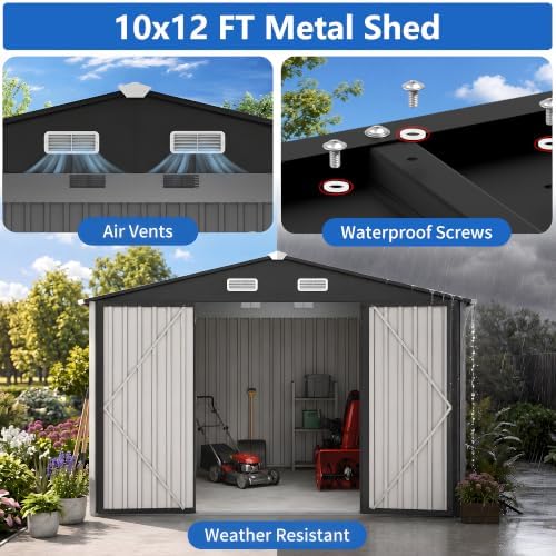 10x12 ft outdoor storage shed, metal garden shed, close-up detail