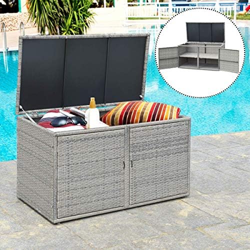tangkula outdoor wicker storage box, garden deck bin, close-up detail