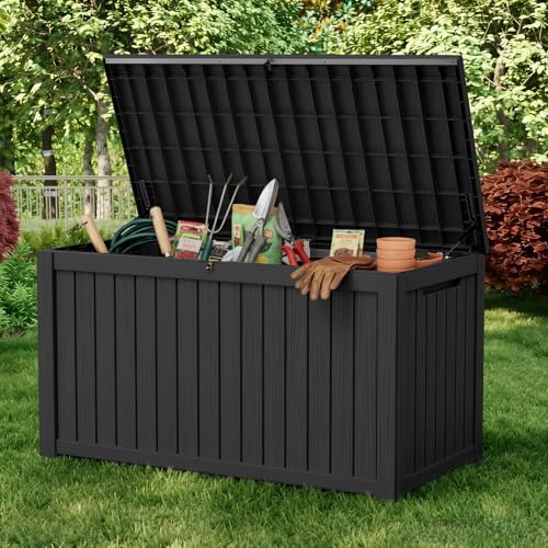 180 gallon deck box, waterproof resin outdoor storage, front angle view
