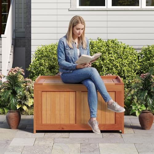 relax4life wood deck box, 52 gallon backyard storage, front angle view