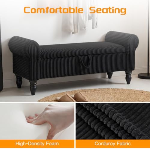 55" storage ottoman bench, corduroy end of bed, side view