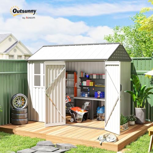 outsunny 8' x 6' outdoor storage shed metal shown in use