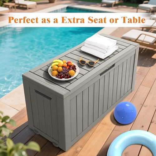 outdoor deck storage box, 75 gallon deck box,lockable showing dimensions
