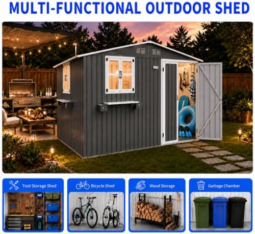10x8 ft outdoor storage shed with 2 clear on a desk or shelf