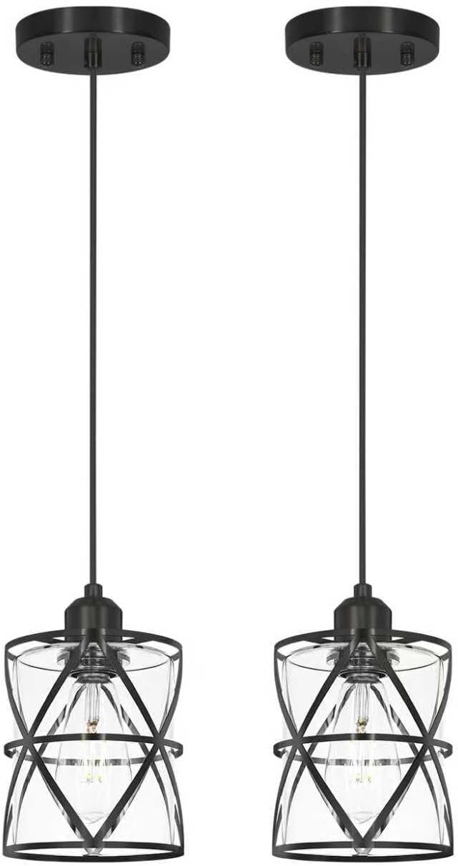 DSMJFU Black Glass Pendant Lights Kitchen Iskland Set of 2 for Bedroom Sink | Adjustable Height, E26 Base,Adaptable different ceilings,Dual Mount Ceiling & Hanging Fixtures,Dimmable,Farmhouse Industrial