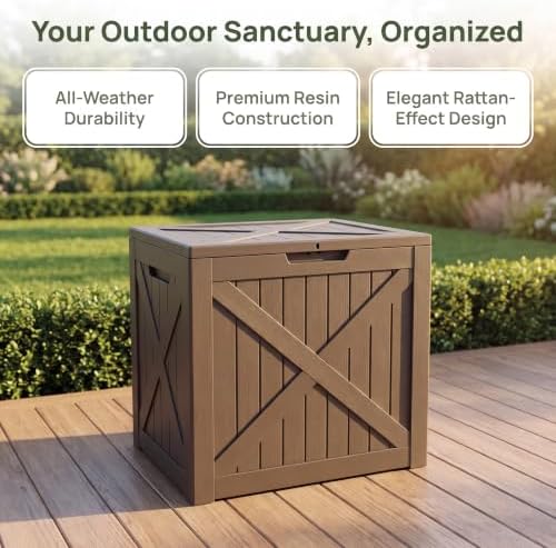 nicbex 32 gallon waterproof resin storage deck box showing dimensions