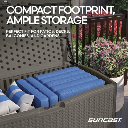 suncast xl deck box, 124 gal, resin wicker on a desk or shelf
