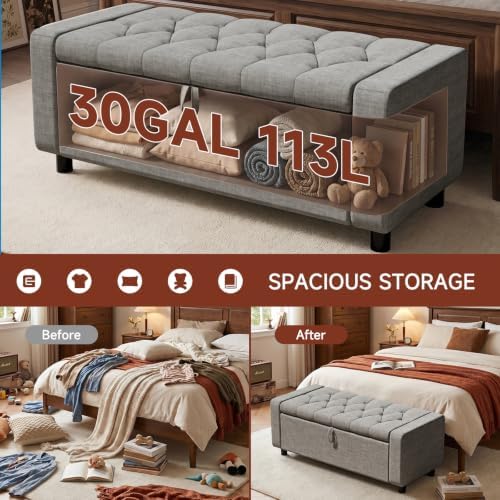 46" storage ottoman bench, 30gal linen tufted, end, close-up detail