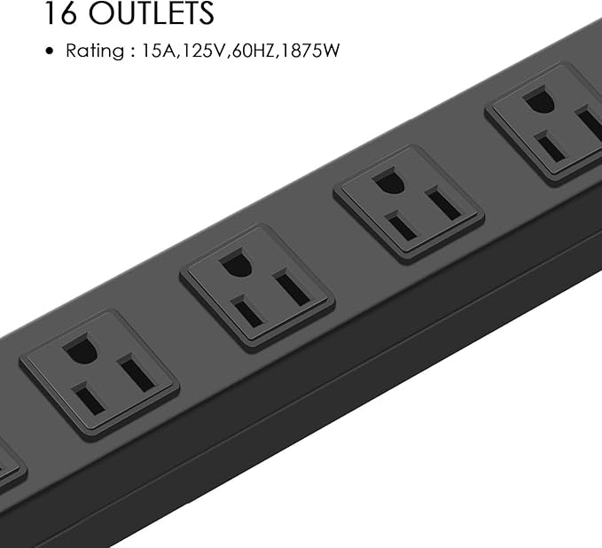 HHSOET 16-Outlet Metal Wall Mount Power Strip, 15 ft 14AWG Power Cord, 15A 125V - Image 5