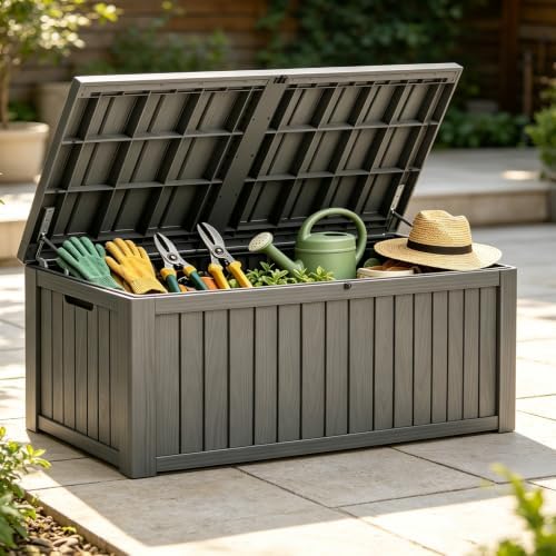 fancyango 220 gallon large outdoor storage deck box, front angle view