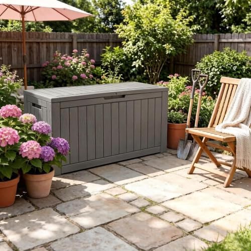 kamaboko outdoor storage box, 140 gallon deck box shown in use