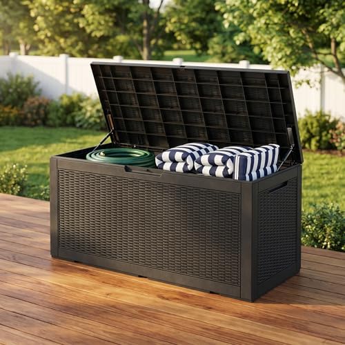 100 gallon deck box, waterproof resin rattan outdoor on a desk or shelf