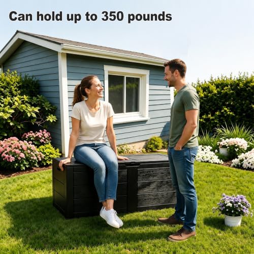 70 gal outdoor storage box, waterproof deck box showing dimensions