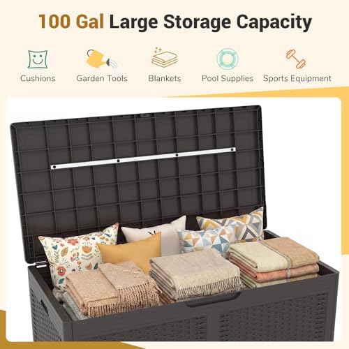tangkula 100 gallon outdoor storage box, lockable outdoor shown in use