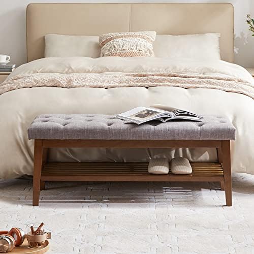 huimo upholstered entryway shoe bench, button tufted end, side view