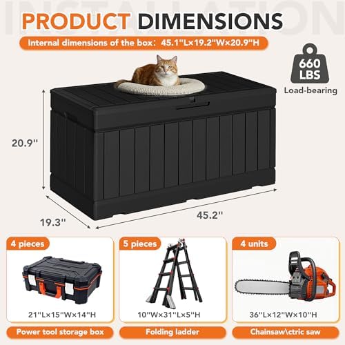 78 gallon deck box outdoor indoor waterproof storage on a desk or shelf