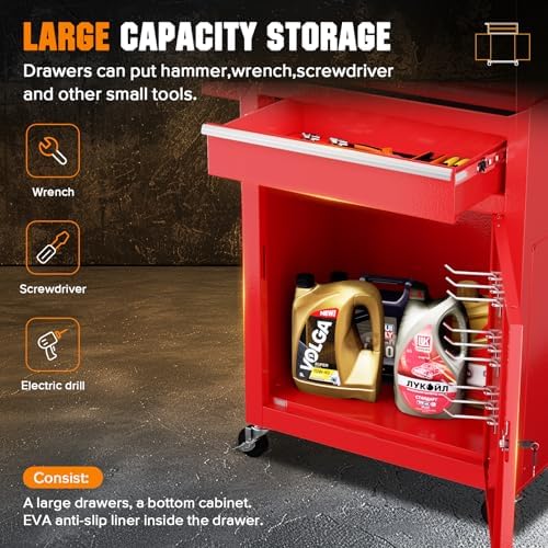 crownland 5-drawer rolling tool chest with wheels, red showing dimensions