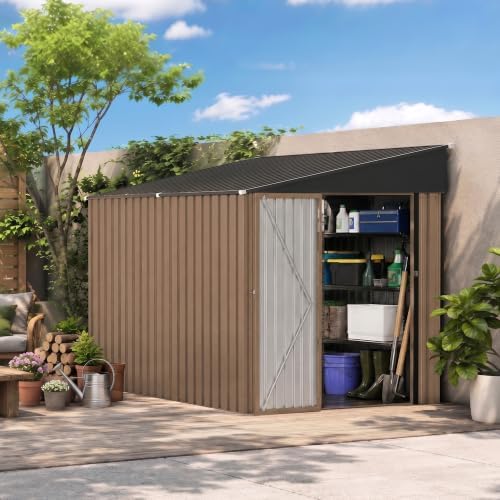 6x8 ft outdoor storage shed, metal garden shed on a desk or shelf