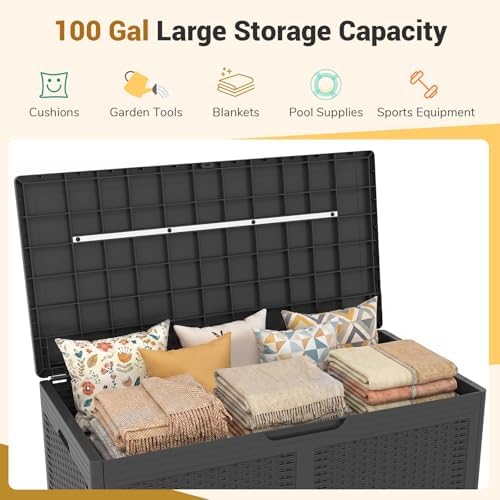 tangkula 100 gallon outdoor storage box, lockable outdoor shown in use