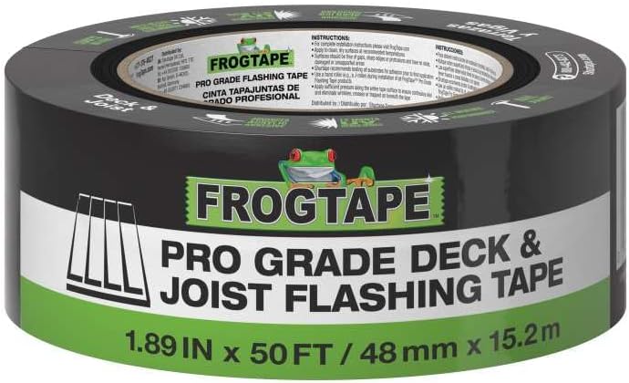 FrogTape Pro Grade Deck and Joist Flashing Tape - 2 Inch Width (1.89 in. x 50 ft) - All Weather & UV Resistant Linerless Tape for Decking, Wood, Beams with Advanced Acrylic Adhesive - 13 mils - Black