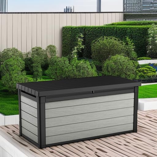 keter denali 150 gallon resin large deck box showing dimensions