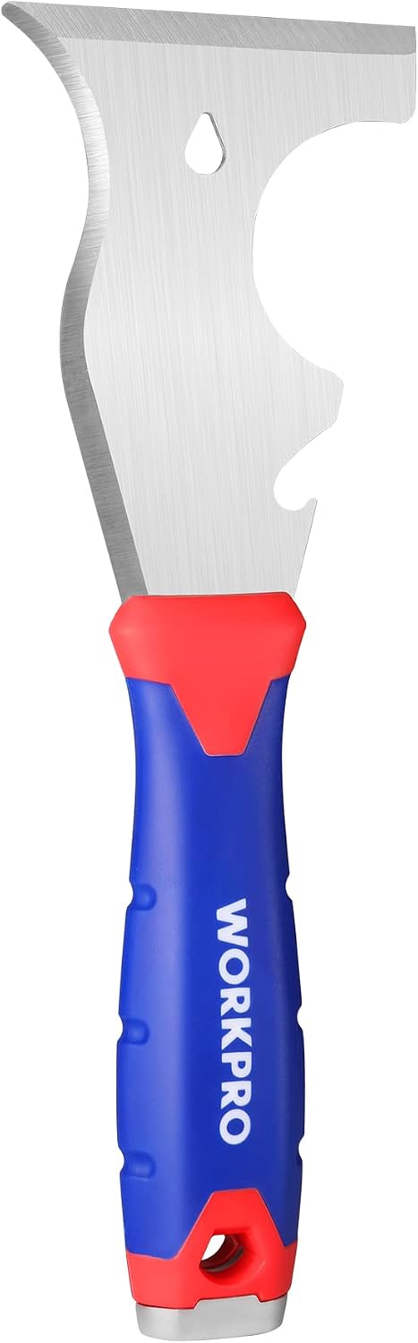 WORKPRO Paint Scraper, 8 in 1 Paint Remover, Metal Putty Knife with Hammer End and Can Opener, Stainless Steel Scraper Tool for Removing Caulk, Painting, Wood and Wallpaper | Stainless Steel Blade, PP Rubber Handle, Removing Caulk, Painting, Wood