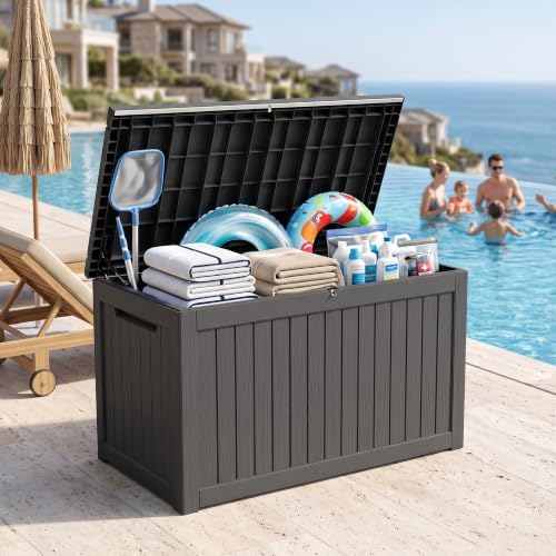 300 gallon outdoor storage box waterproof, lockable resin shown in use