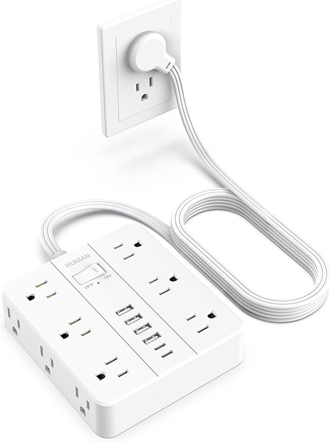 Flat Plug Surge Protector Power Strip, HUNIAN 12 Widely Spaced Outlets by HUNIAN