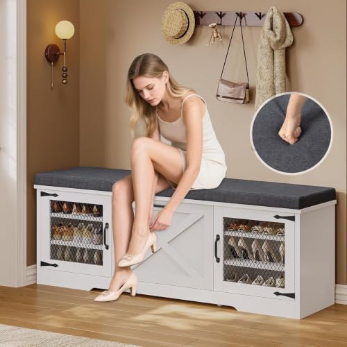 uposoja farmhouse storage bench with flip drawers &, close-up detail