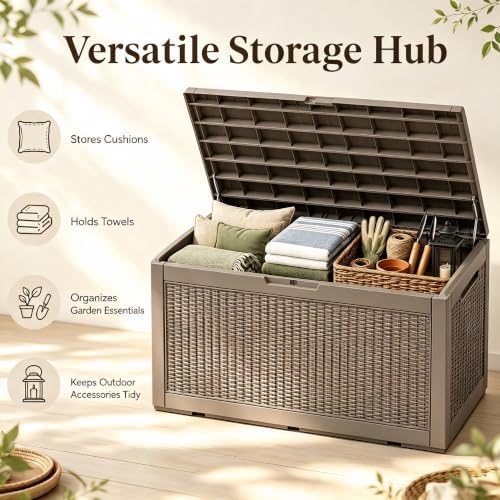 outdoor storage box resin deck box waterproof brownwicker shown in use