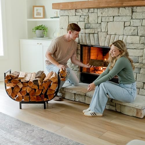 fireproof pros 32 inch curved firewood rack, black showing dimensions