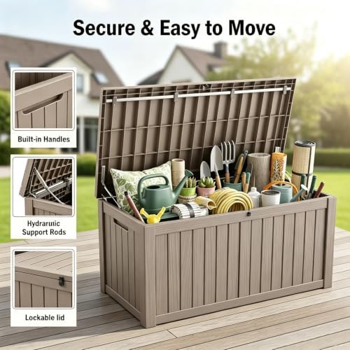 152 gallon resin outdoor storage box, waterproof deck, side view