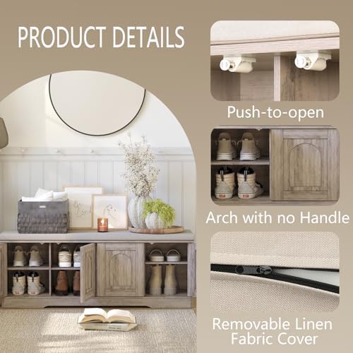 dinzi lvj shoe storage bench with cushion, door showing dimensions