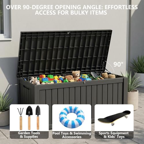 outdoor storage box, 150 gallon waterproof deck box on a desk or shelf