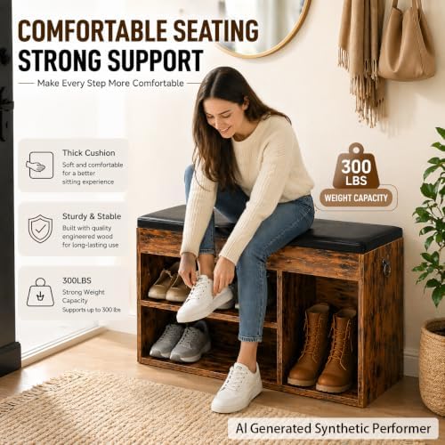 hoobro shoe storage bench with cushion, 32.3" entryway showing dimensions