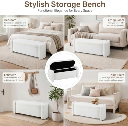 storage bench,storage bench with cushion,white 48.8" on a desk or shelf