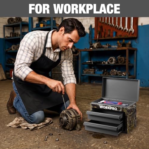 workpro metal mini tool box with 2 drawers, front angle view